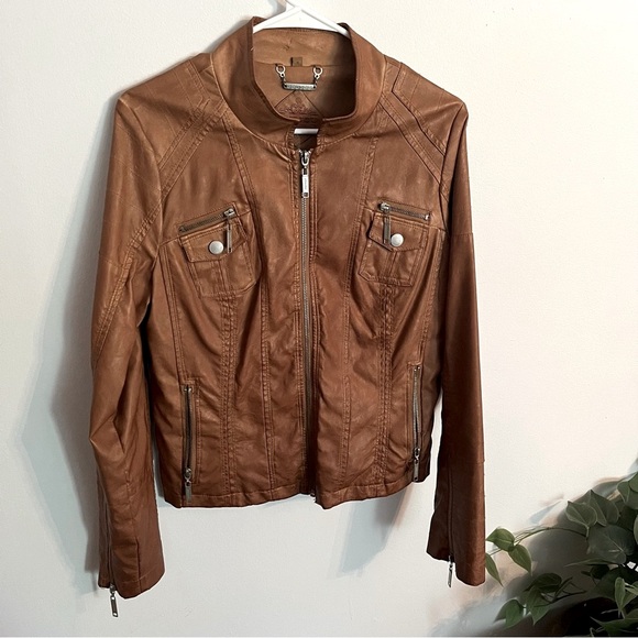 Jou Jou Jackets & Blazers - Brown Vegan Leather Moto Jacket with Stand-Up Collar